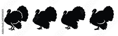 turkey silhouette simple icon set, black color and white background
