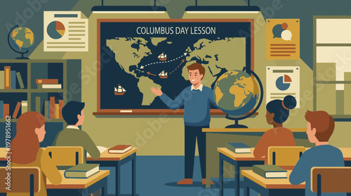 Teacher Giving Columbus Day History Lesson in Classroom Illustration