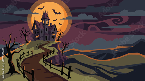 Spooky Haunted House on a Hill Under a Full Moon Vector