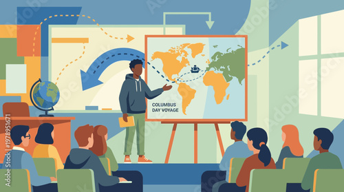 History Lesson on Columbus Day Voyage in Classroom Illustration