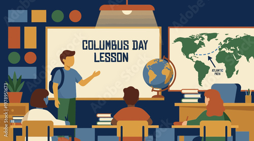 Columbus Day History Lesson Classroom Flat Vector Illustration