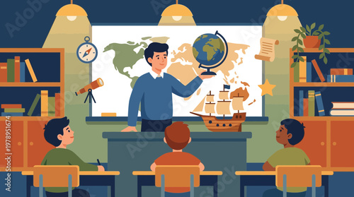 Male Teacher Giving Geography Lesson in Classroom Flat Illustration