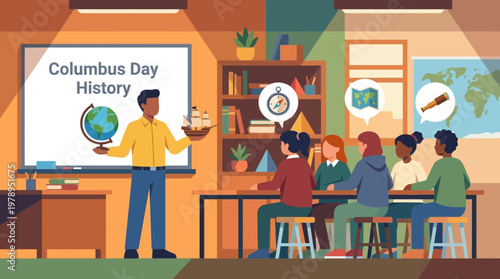 Teacher teaching history of Columbus Day to students in classroom
