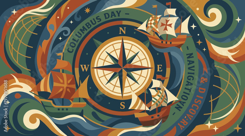 Columbus Day Navigation and Discovery Banner with Vintage Ships