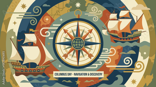 Columbus Day Navigation and Discovery Illustration with Sailing Ships