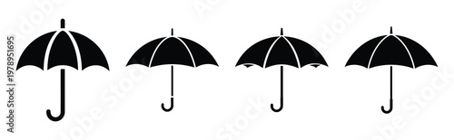 umbrella silhouette simple icon set, black color and white background
