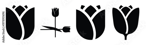 tulip silhouette simple icon set, black color and white background