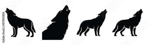 wolf silhouette simple icon set, black color and white background