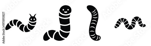 worm silhouette simple icon set, black color and white background