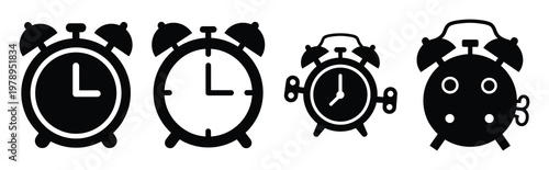 alarm clock silhouette icon set, black color and white background