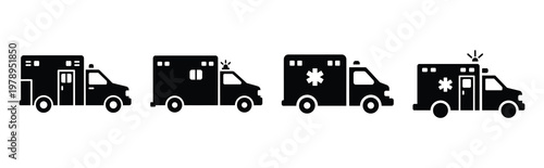 ambulance silhouette simple icon set, black color and white background