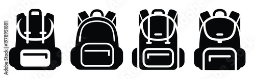 backpack silhouette simple icon set, black color and white background