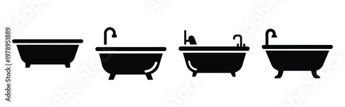 bathtub silhouette simple icon set, black color and white background