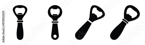 bottle opener silhouette icon set, black color and white background
