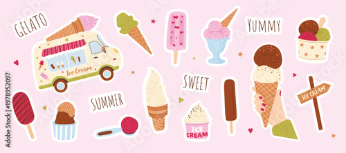Ice cream sticker set with summer desserts and sweet food elements. Ice cream truck, waffle cones, popsicles, gelato and hand holding cone. Cute vector collection for packaging, menu and kids design.