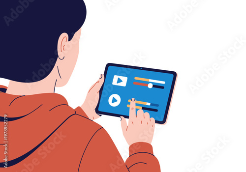 A young adult uses a tablet for online learning, focused on the screen. Modern digital student illustration, vibrant colors, clean design.