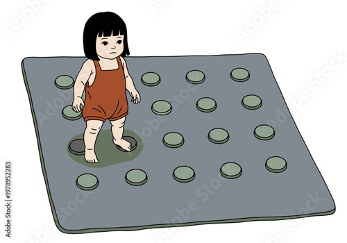 A young Asian child explores a pressure sensor floor mat, demonstrating mobility and sensory development. The image features a clear composition and soft colors.