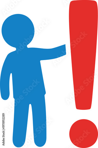A blue figure gestures urgently towards a large red exclamation mark. Bold, graphic design notification icon. Clean, modern style. Suitable for digital alerts and warnings.