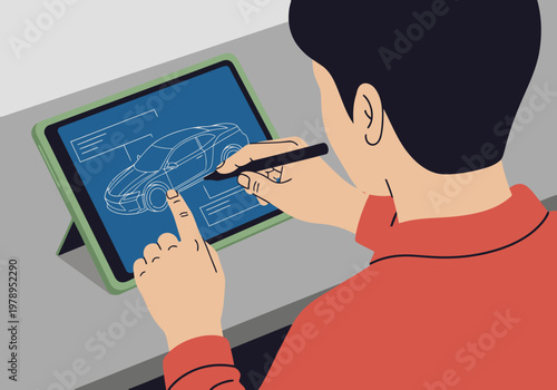 A young Asian man designs a hydrogen fuel cell car on a tablet. Modern, digital design concept. Bright, clean illustration.