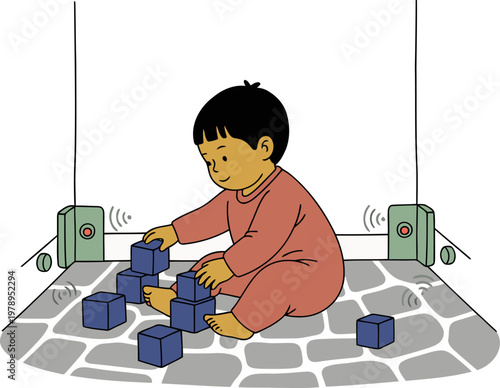 A young boy plays with building blocks in a smart nursery equipped with safety sensors. The scene is bright and inviting, showcasing modern nursery technology.