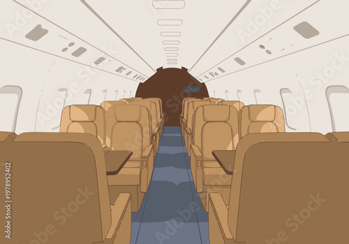 Empty jet cabin interior showcases comfortable leather seats and a simple design. Ideal for travel, business, or aviation themes. Clean, modern aesthetic.