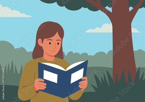 A young woman enjoys reading outdoors beneath a tree. She?s engrossed in a book, conveying a peaceful and educational moment. Soft colors and a natural setting.