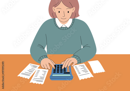 An entrepreneur calculates revenue using a calculator, surrounded by paperwork. A professional woman focuses on her finances, conveying diligence and business acumen. Modern illustration.