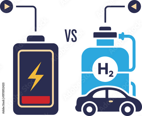 A graphic comparison of battery vs. hydrogen fuel cell technology. Illustrates zero gradient objects vs. zero shadow objects. Modern, clean design.