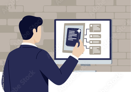 A financial advisor reviews a ledger on a computer screen, showcasing a ledger cleanup process. Modern, professional, and visually appealing.