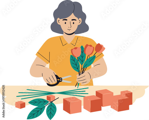 A flower shop owner meticulously arranges tulips, showcasing a vibrant and creative workspace. Warm colors and fresh blooms create a welcoming scene.