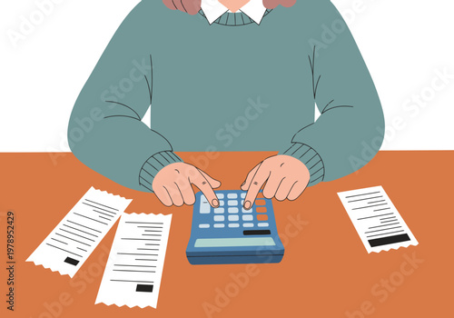 An entrepreneur calculates revenue using a calculator and receipts. A focused, professional scene with a clear composition. Ideal for business and finance themes.