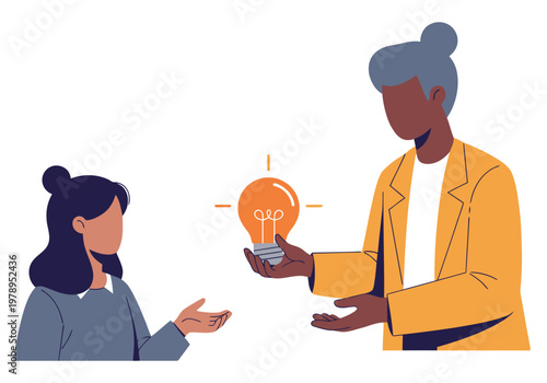 An experienced mentor guides a young professional, sharing knowledge through a glowing idea. A vibrant illustration showcasing mentorship and knowledge transfer.