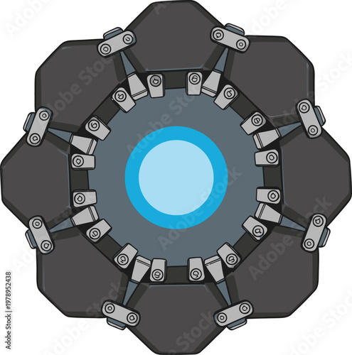 A futuristic energy core encased in armored plating glows with a vibrant blue light. Detailed illustration, modern design, technical concept.