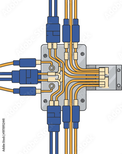 Gauntlet Power Link Tech showcases a complex power distribution hub with multiple cables. A clean, modern illustration highlights connectivity and technological infrastructure.
