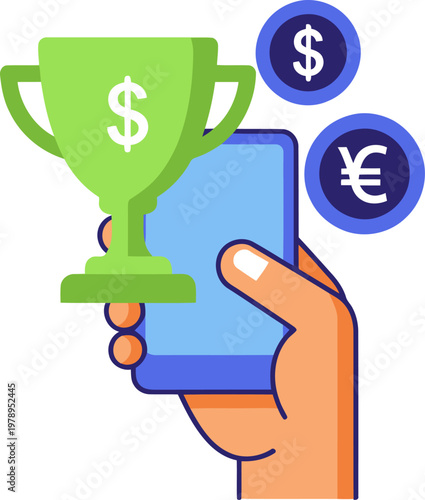 A hand holds a smartphone displaying a finance notification with a trophy and currency symbols. Clean, modern illustration for business and finance concepts.
