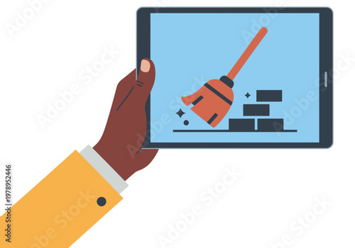 A hand holds a tablet displaying a digital cleaning icon. Modern, flat design illustration. Suitable for digital marketing and technology themes.
