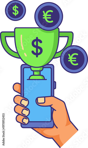 A hand holds a smartphone displaying a notification with currency symbols and a trophy, suggesting financial success. Clean, modern illustration.