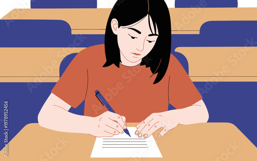 A focused young woman diligently writes an exam in a classroom setting. She wears a casual shirt and concentrates intently.  Clear, bright composition.