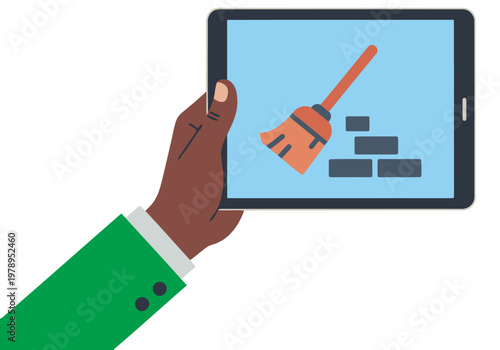 A hand holds a tablet displaying a digital cleaning icon. A modern, clean design promotes digital decluttering and organization. Suitable for business and technology themes.