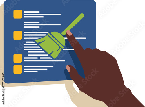 A hand cleans a tablet screen displaying transaction history. Clean, modern design with a focus on digital cleanup and data management. Professional and tech-oriented.