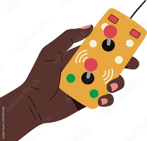 A hand holds a yellow toy remote control. Clean, modern illustration style. Bright background. Focus on detail and playful design.