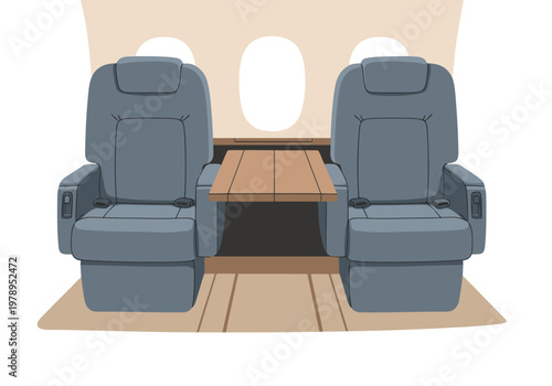 Grey leather seating jet interior showcases comfortable seats and a center table. Clean, modern design ideal for business or luxury travel visuals.