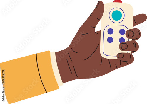 A hand holds a hand sensor detection device. Modern, clean design. Focus on the device. Bright, flat illustration style.