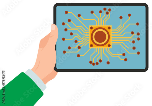 A hand holds a tablet displaying a power core schematic. Modern tech illustration, clean design, professional setting. Suitable for digital marketing and technology concepts.
