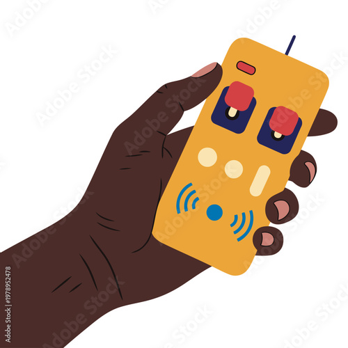 A hand holds a yellow toy remote control. The image features a close-up shot with a simple background, showcasing a modern, playful design. Ideal for tech, toys, or entertainment concepts.