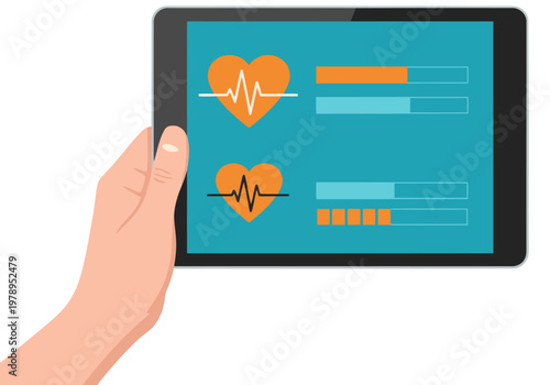 A hand holds a tablet displaying a power level and biometric scan data. The screen shows a heart rate graphic, suggesting health monitoring. Modern, clean design.
