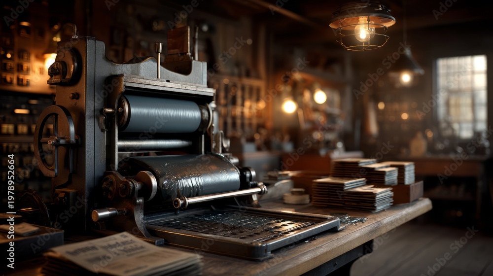 Fototapeta premium Vintage Printing Press in a Historical Workshop with Newspapers and Tools