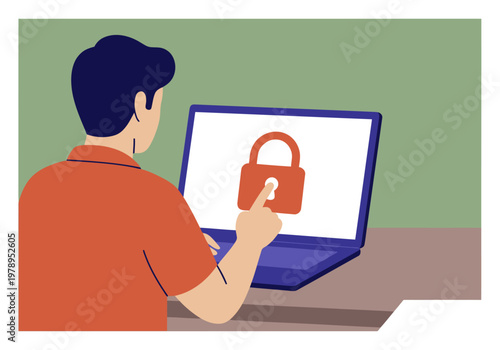 A young man secures his laptop with a lock icon, symbolizing privacy and security. Modern, digital illustration with a clean, active design.