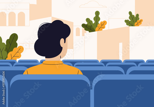 A young man sits attentively in a lecture auditorium, focused on student learning. Modern illustration style with a bright, clean aesthetic.
