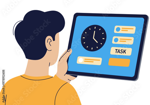 A young man uses a tablet to manage his time, displaying a clock and task list. Modern, digital, and focused. Ideal for student productivity visuals.